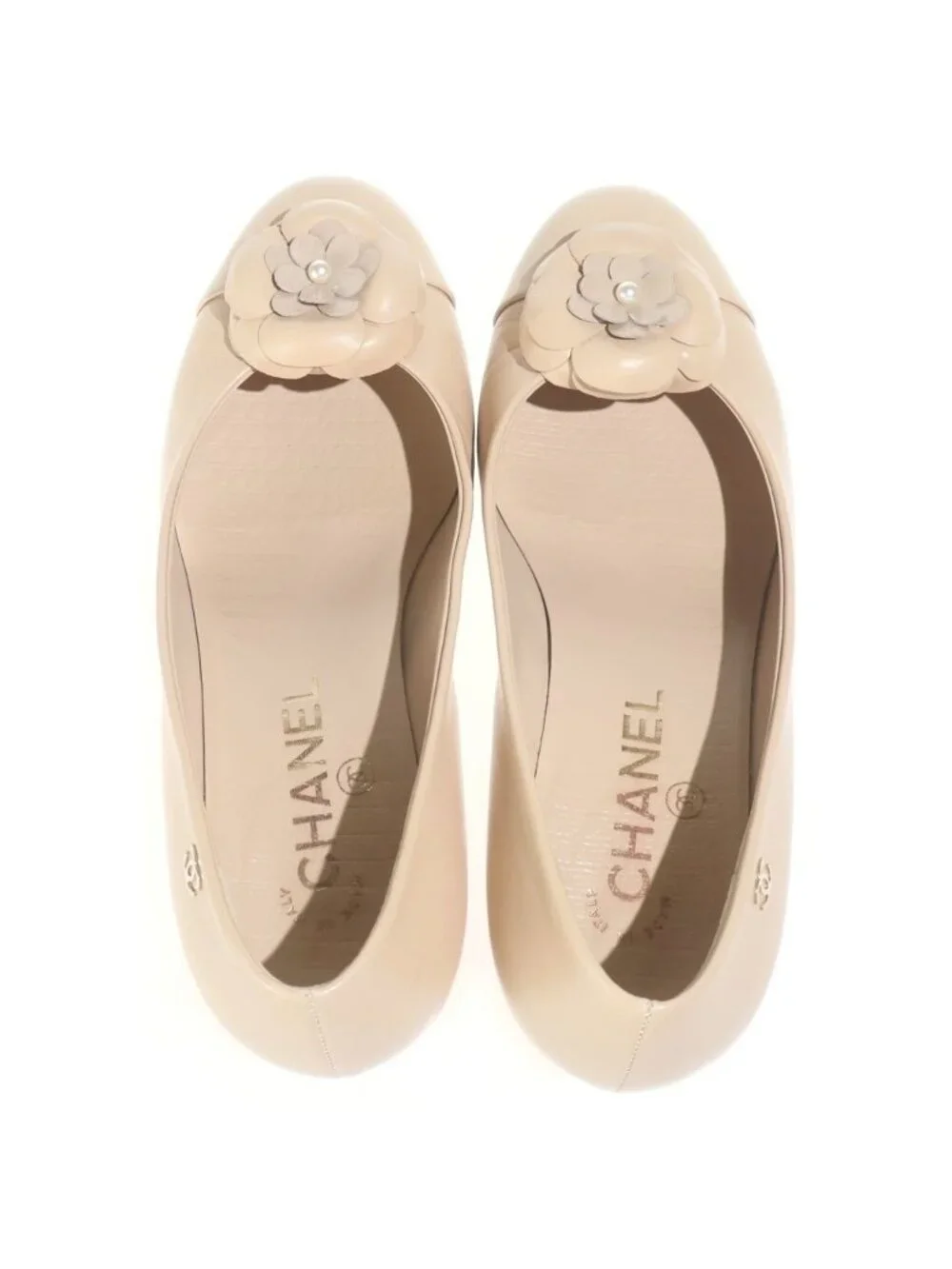 Chanel CC Logo Camellia Leather Pumps Beige Heel